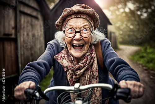 Fotografia, Obraz An cute happy and smiling granny ride the bicycle - AI generative