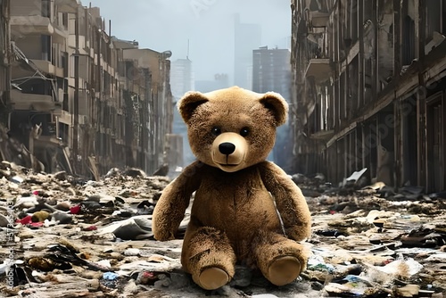 Closeup of a teddy bear in the middle of the city destroyed by war or natural disaster earthquake, some ruins of buildings in the back. Generative Ai