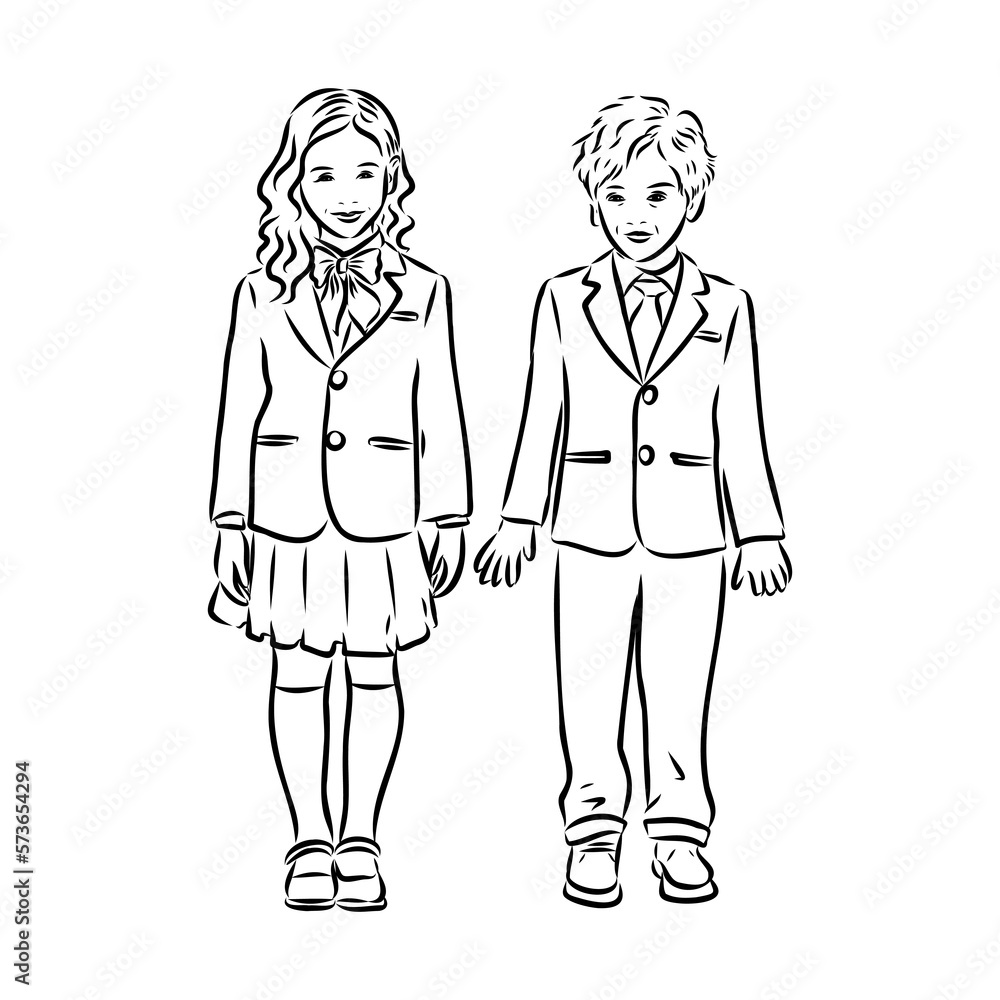 Schoolchildren go to school hand in hand. Sketch. Schoolchildren go to school hand in hand. Sketch.