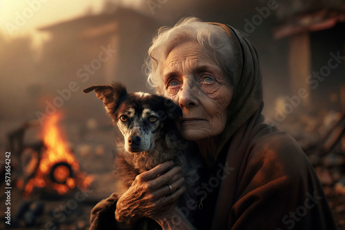 crying old lady refugee with dog in ucraine scene of destruction  pain and desolation moment ai generative