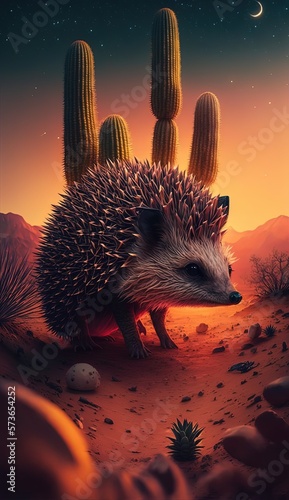 close up portrait of a hedgehog in desert landscape, Generative Ai photo