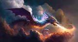legendary ancient fire dragon fly on sky with flame from it mouth, Generative Ai