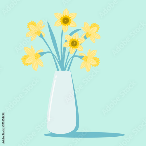 Yellow Daffodil flowers in vase on pastel green background. Flat design. Still life illustration.