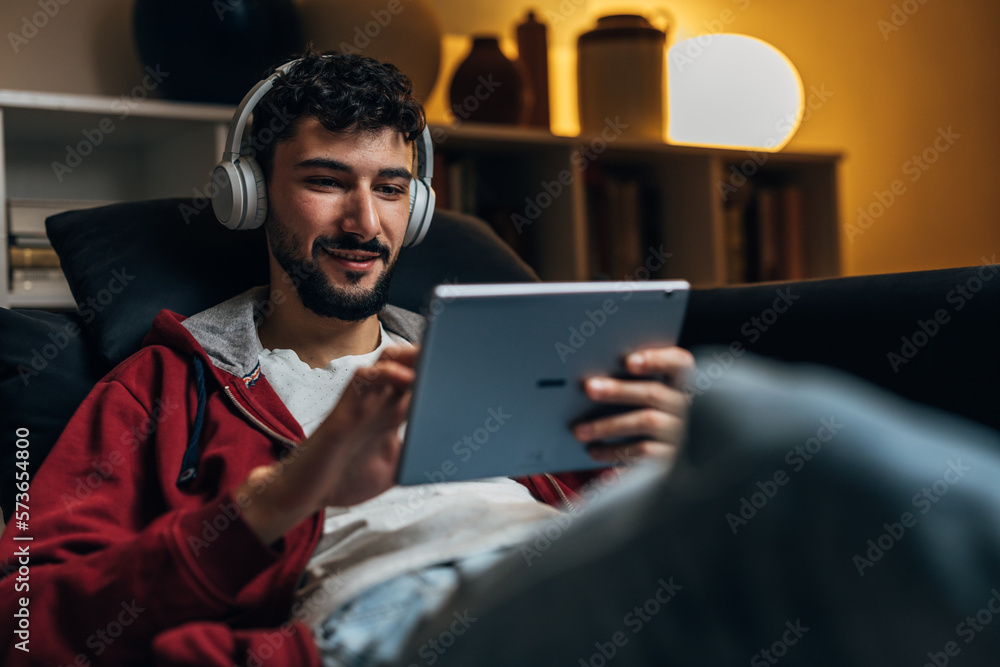 Caucasian man rest at home in the evening Caucasian man rest at home in the evening