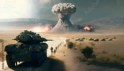 Soldiers entering the valley of Armageddon, The Valley of Megiddo, a nuclear bunker buster has just destroyed an underground base. Created using Generative AI Technologies. photo