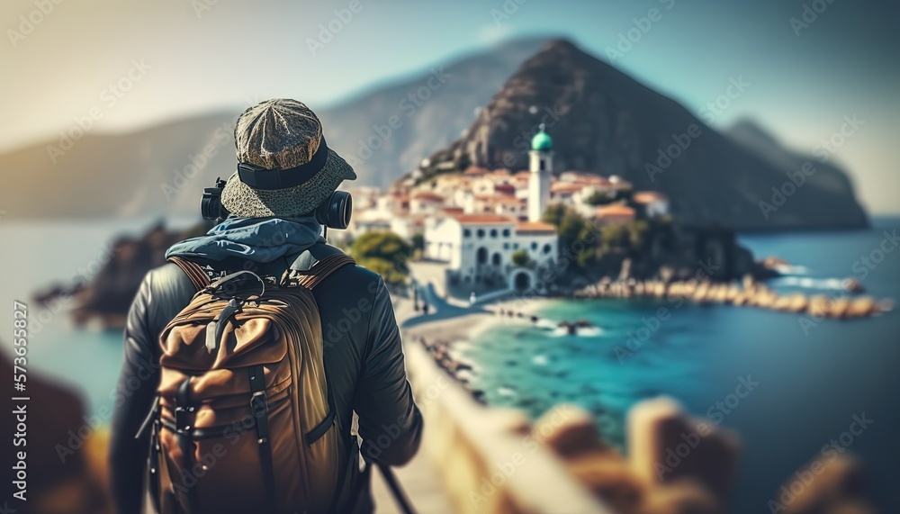 blur travel tourism theme concept, a man travel to  Mediterranean sea coast, Generative Ai