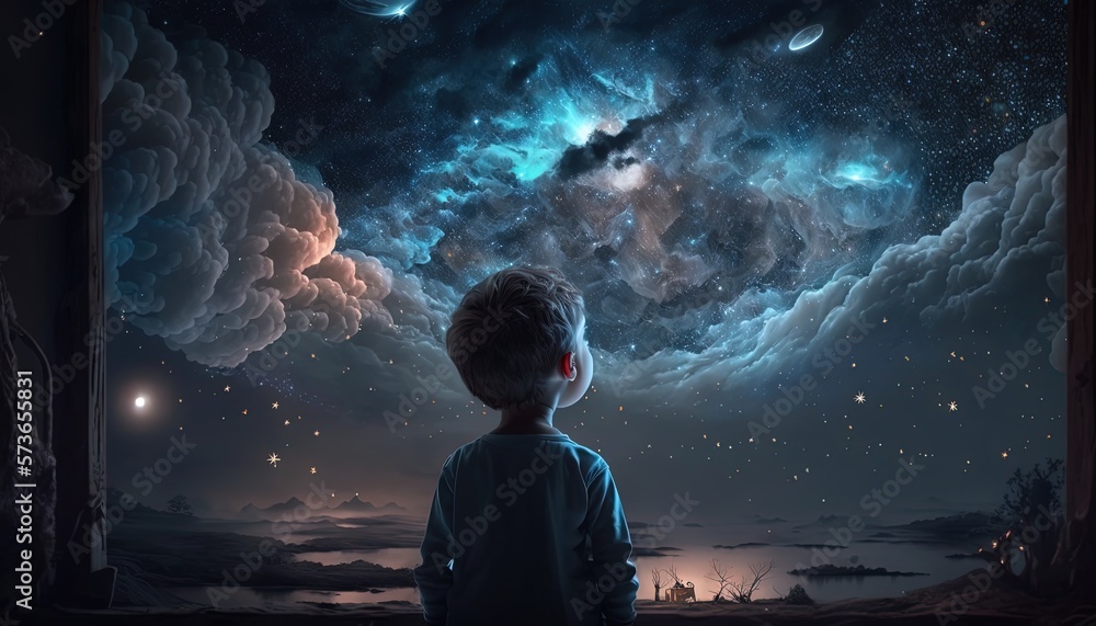 illustration of a boy looking at night starry sky with glitter glow galaxy flicker above, idea for prayer of hope, love, peace theme, Generative Ai - obrazy, fototapety, plakaty 