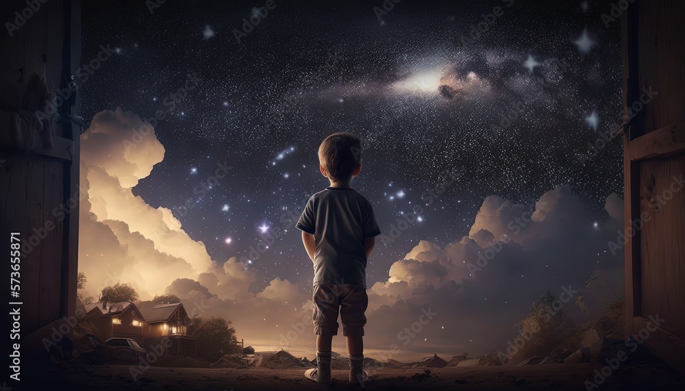 a kid watching out at big window open to galaxy sky, midnight time, idea for imagination and dream concept, Generative Ai	
