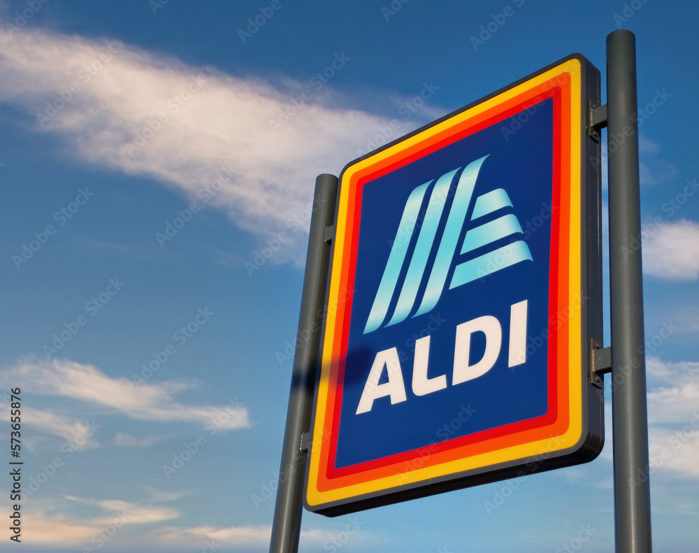 Aldi grocery store sign in London, South Harrow, England . Aldi is is a