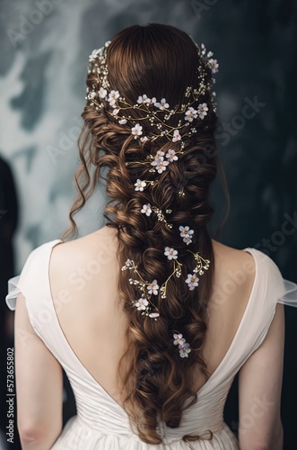 beautiful woman wearing hair braid with bow and flower with nature and ancient castle as background, Generative Ai