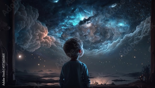 Canvastavla illustration of a boy looking at night starry sky with glitter glow galaxy flick