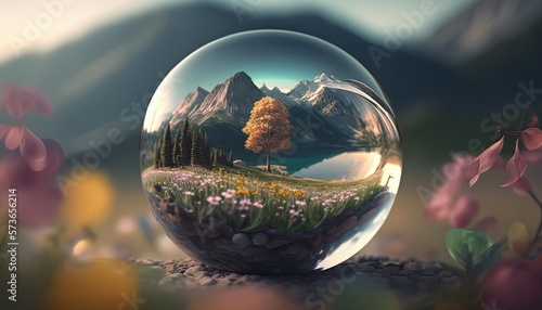 beautiful crystal ball with beautiful natural landscape, Generative Ai