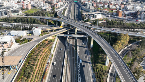Aerial drone photo of modern Attiki Odos toll road interchange with National road in Attica, Athens, Greece