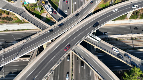 Aerial drone photo of modern Attiki Odos toll road interchange with National road in Attica, Athens, Greece