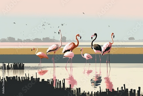 Sighting of a group of lesser flamingos (Phoeniconaias minor) in the marshes near Airoli, New Bombay, Maharashtra, India. Generative AI photo