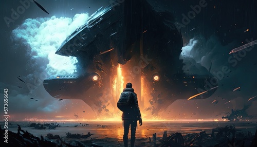 Fototapeta Naklejka Na Ścianę i Meble -  spaceship wrecking from sky with burn flame cloud, Generative Ai