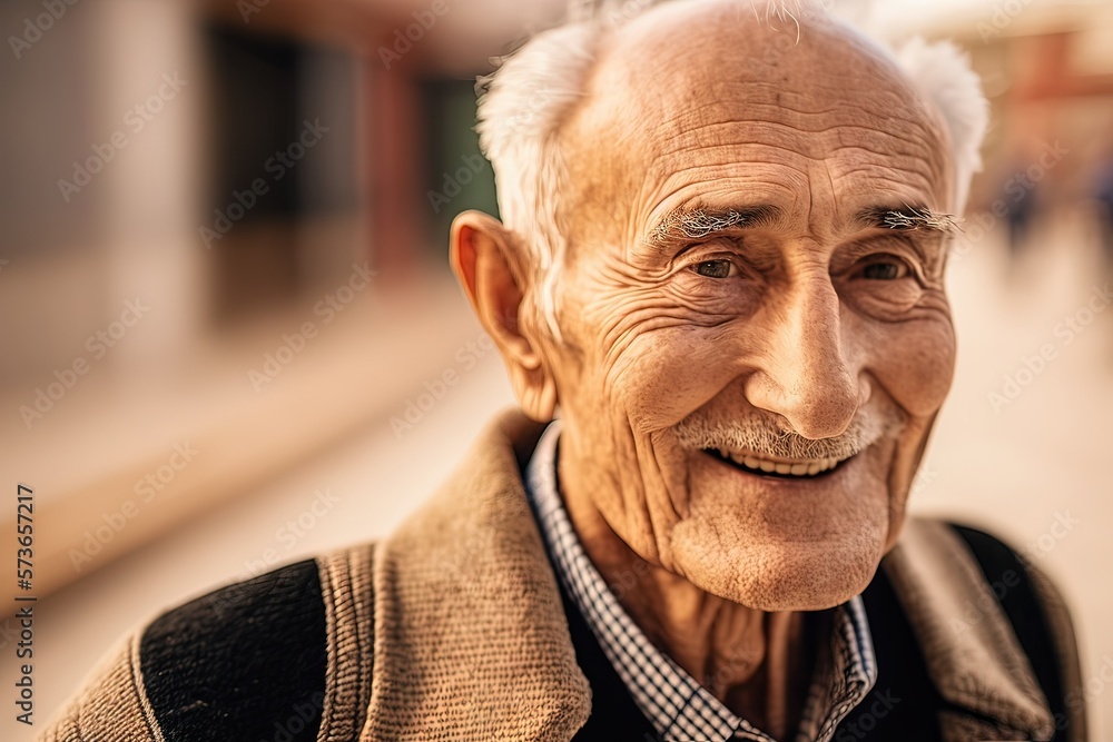 Aged well: close-up portrait of happy senior man looking at camera. Nice bokeh background.