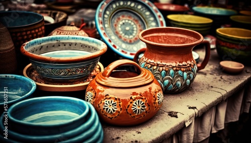 market stall selling many kind of ceramic craft , idea for local SME business vendor support theme, Generative Ai   © QuietWord