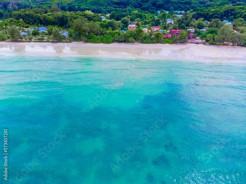 Aerial view of Anse Volbert beach in Cote d'Or
