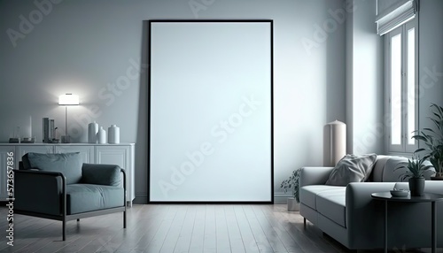 illustration of onebig  mock-up wall decor frame is hanging in minimal style  empty frame in living room  Generative Ai