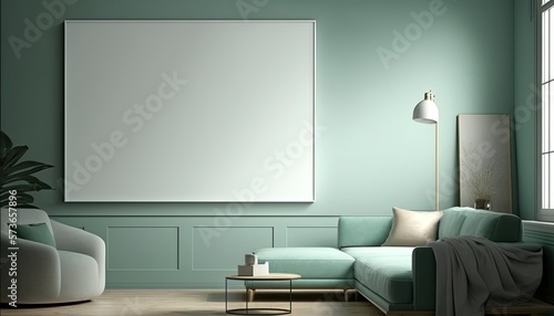illustration of onebig mock-up wall decor frame is hanging in minimal style, empty frame in living room, Generative Ai