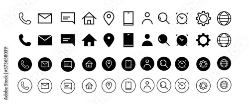 Business card contact information icons. Business card icon set of differents styles.
