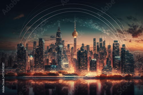 cityscape with space and neon light effect. Modern hi-tech, science, futuristic technology concept. Abstract digital high tech city design background.Generative AI