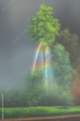 oil painting of a large building. There are lots of ivy and big trees surrounding the building. fog and rainbows. - generative ai © unalcreative