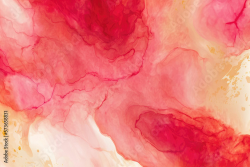 Abstract red liquid watercolor background with golden lines. Pastel marble alcohol ink drawing .Generative AI photo