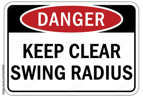 Overhead crane hazard sign and labels keep clear swing radius