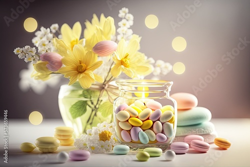 Spa decoration with flowers and beads in a glass vase. Warm yellow colors. Interior decoration for relaxation and rejuvenation treatments. Generative AI.