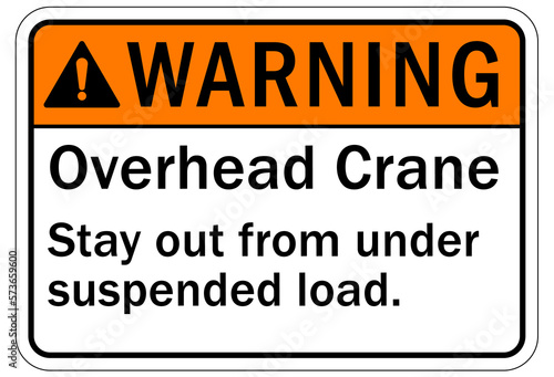 Overhead crane hazard sign and labels stay out from under suspended load