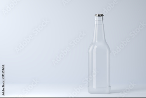 Empty glass bottle for your design. Transparent bottle with liquid on a blue background.. 3d render.