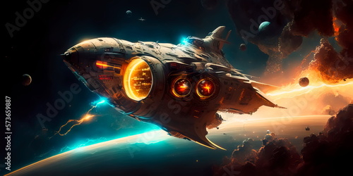 Spaceship floating through the depths of outer space at the speed of light . Generative AI