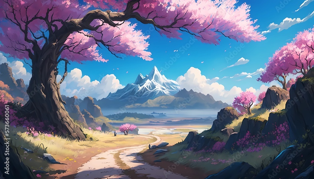 Magical Anime Landscape: Digital Art Illustration with Natural Scenery and Dreamy Skies Generative AI