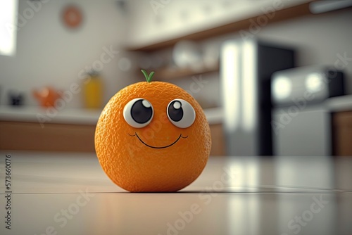 Cute Cartoon Orange on a Kitchen Counter (Created with Generative AI)