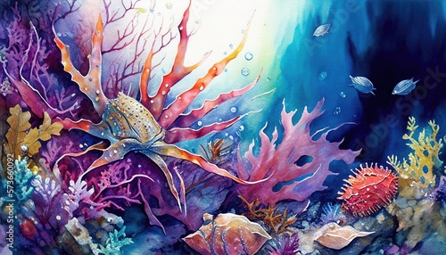 Fototapeta Naklejka Na Ścianę i Meble -  Fish swimming in sea near corals reef, underwater watercolor Generative AI illustration