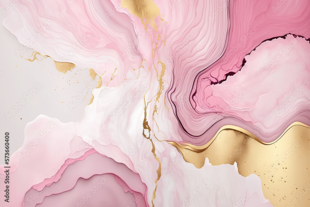 Abstract pink liquid watercolor background with golden lines. Pastel marble alcohol ink drawing .Generative AI