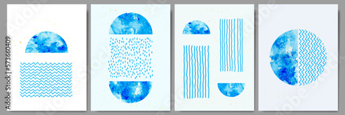 Vector illustration. Abstract contemporary aesthetic backgrounds. Design for poster, postcard, invitation card, flyer, brochure cover. Room wall decor. Blue watercolor paints. Nordic drawn lines