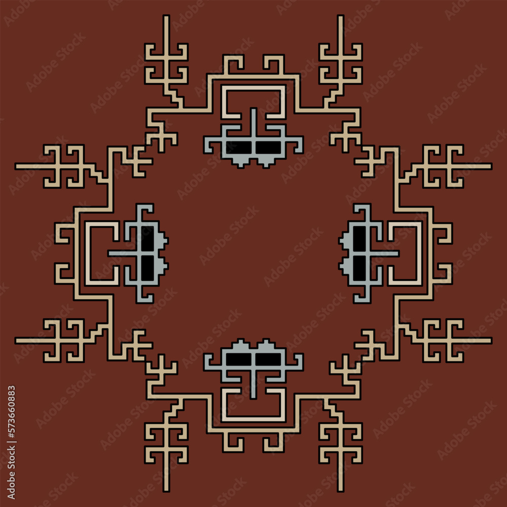 Ethnic pattern or frame with geometrical Nazca textile motifs. Native American indigenous design of pre Columbian Peru.