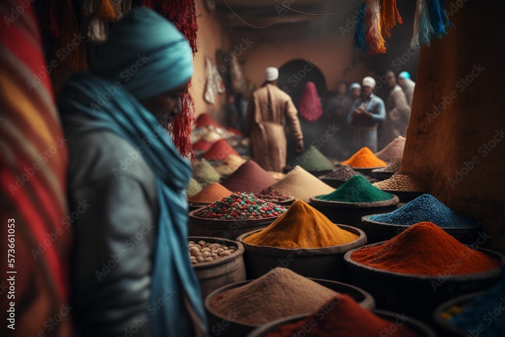 The Flavors and Aromas of a Bustling Moroccan Market in Marrakech, Africa souk atmosphere with