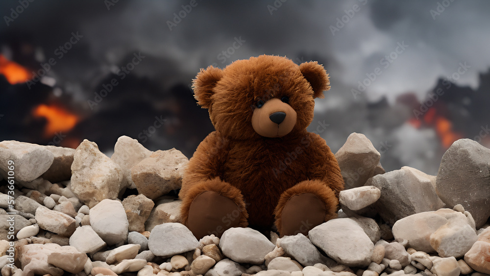 Teddy bear among the ruins of the city. Generative AI Teddy bear among the ruins of the city. Generative AI
