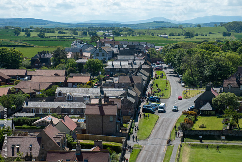 Aerial views of Bamburgh village in Northumberland, UK, as seen from castle walls
