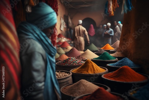 The Flavors and Aromas of a Bustling Moroccan Market in Marrakech, Africa souk atmosphere with herbs, spices, exotic fruits Ai Generative photo