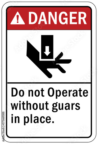 Pinch point hazard sign and labels Do not operate without guard in place