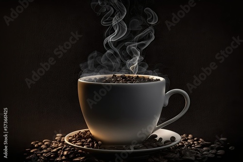 With copy space against a dark background, a warm and inviting scene featuring a white coffee cup filled with steaming coffee and a scattering of coffee beans. Generative AI