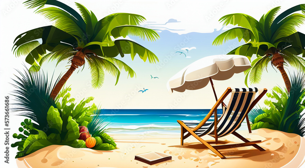 Vacation and travel concept. Beach umbrella, Generative AI beach chair Vacation and travel concept. Beach umbrella, Generative AI beach chair