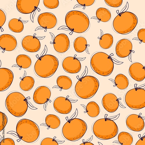Pattern illustration with juicy oranges on beige background.