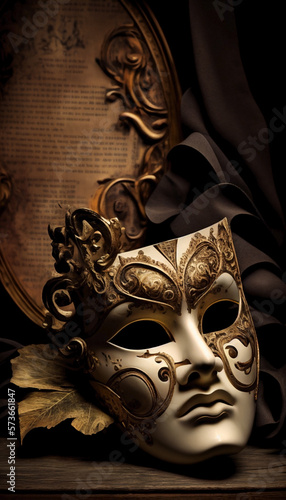 Ai generated. World theater day. Dark still life with theatrical elements: A mask rests vertically on a wooden table with large copy space at the top of the frame.