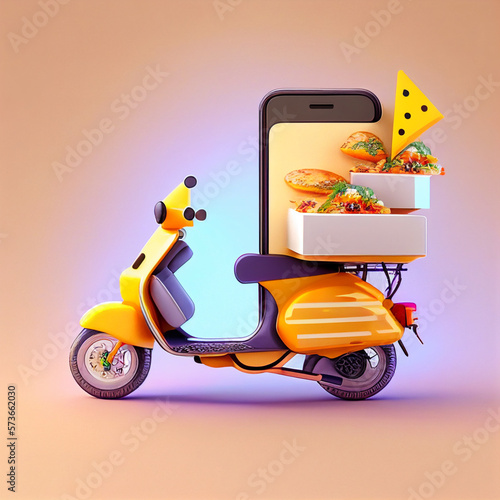 render online food order delivery on mobile illustration with scooter. created using Generative All Technology